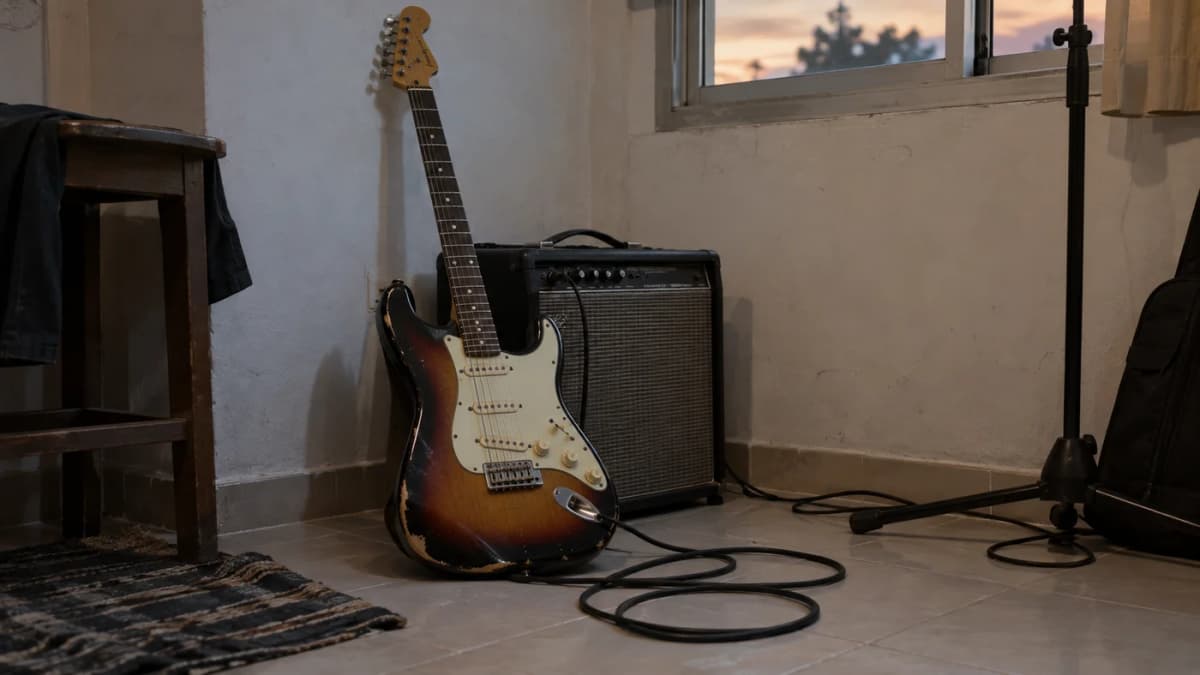 An electric guitar and small amplifier in a rehearsal room