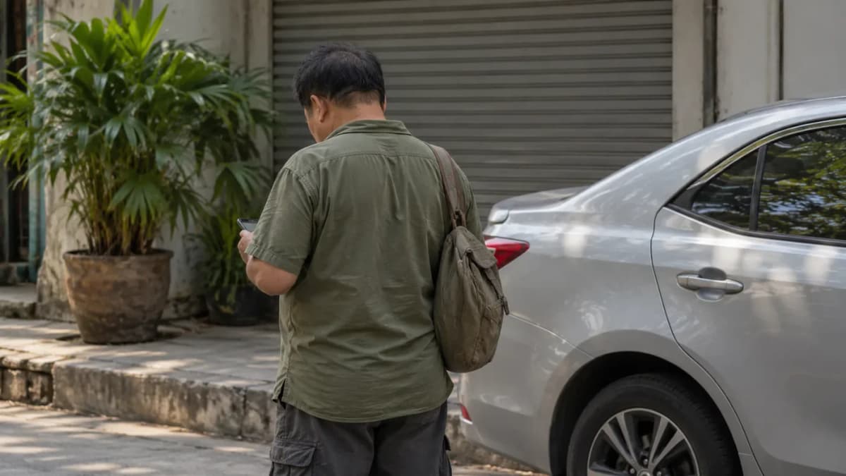 A traveller with a small backpack waiting beside a parked car on a shaded curb.