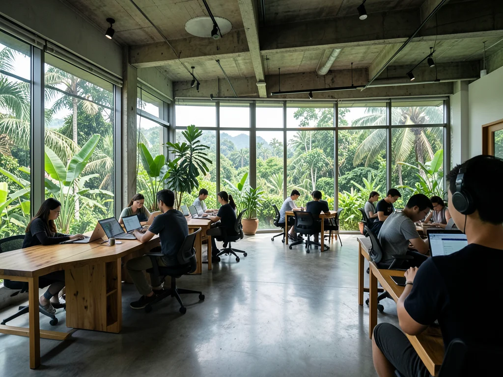 Modern coworking space in Chiang Mai with digital nomads working at long wooden tables