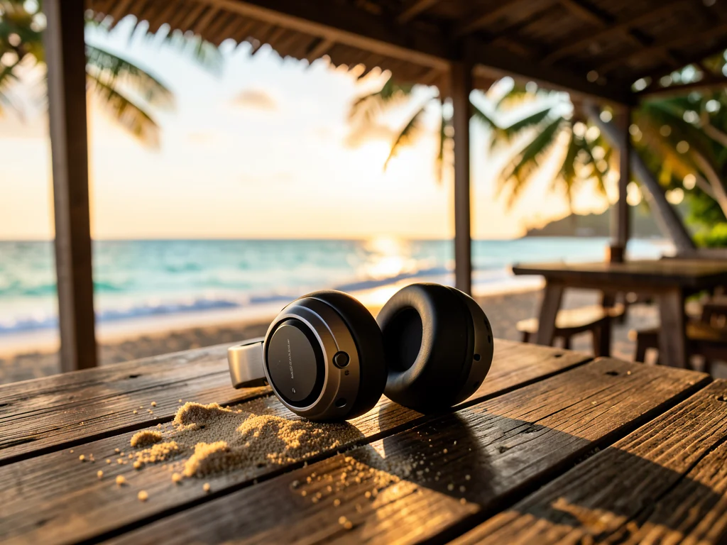 Premium over-ear headphones resting on a wooden cafe table near a tropical beach at sunset