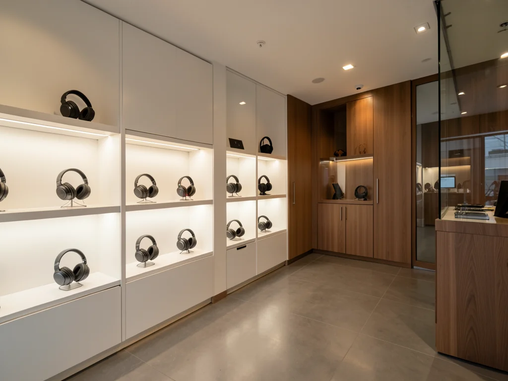 Modern electronics store display with premium headphones arranged on clean white shelves