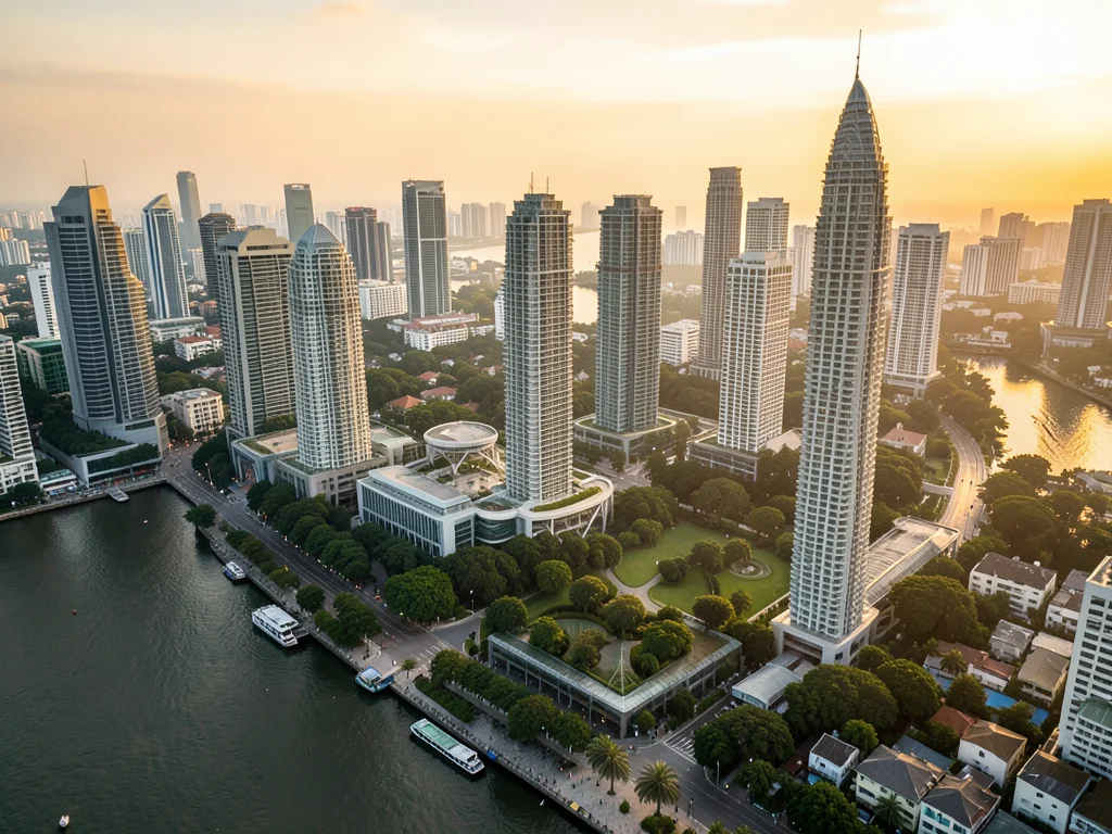 Aerial view of Bangkok skyline with Chao Phraya river