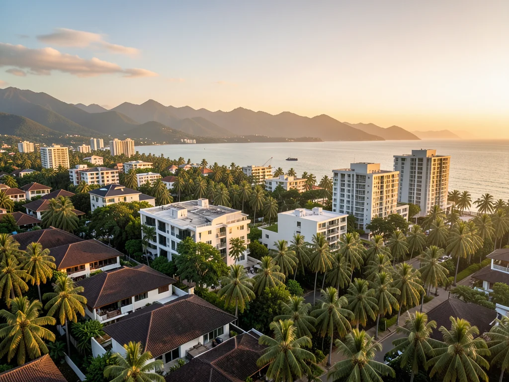 Elevated view of Hua Hin neighborhoods with tropical villas and palm trees at sunset