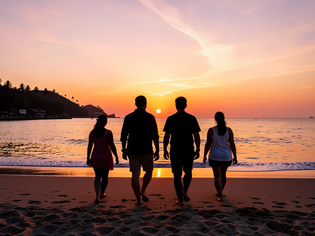 Silhouettes of people walking on Hua Hin beach at sunrise
