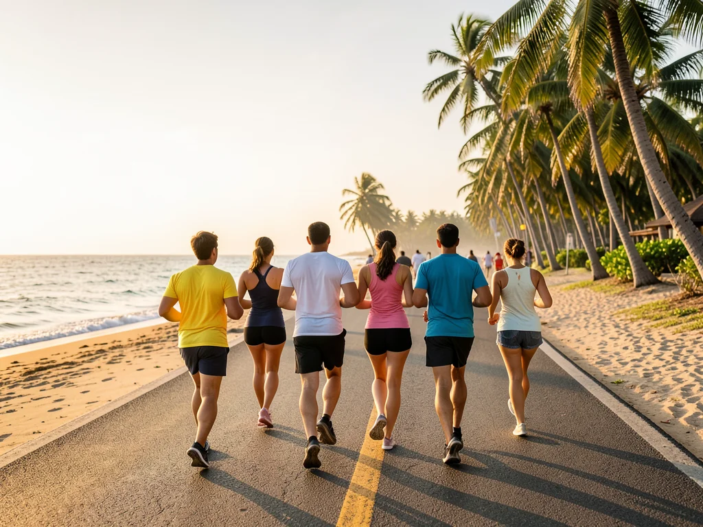 Group jogging on tropical beach road in morning light