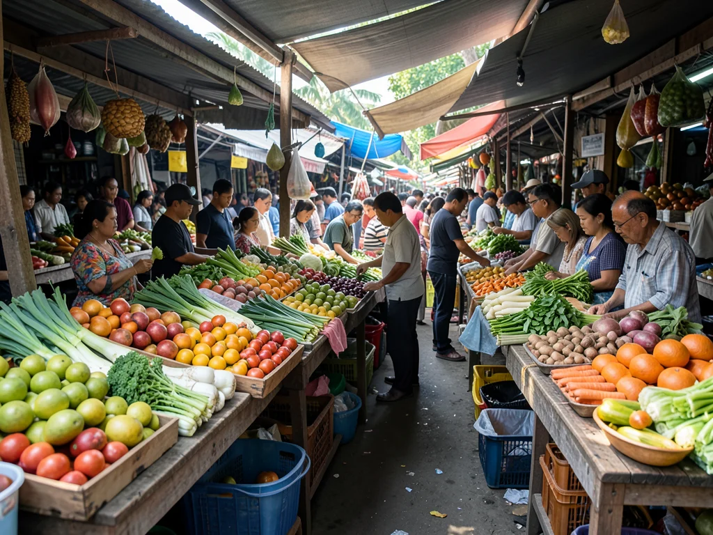 Thai fresh market with tropical fruits and vegetables