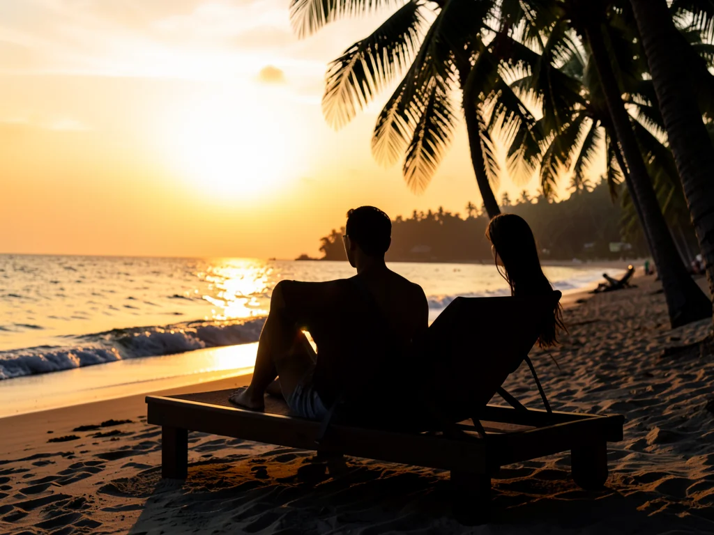 Person relaxing on beach at sunset