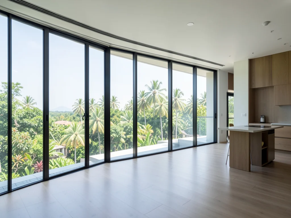 Modern condo interior overlooking tropical landscape