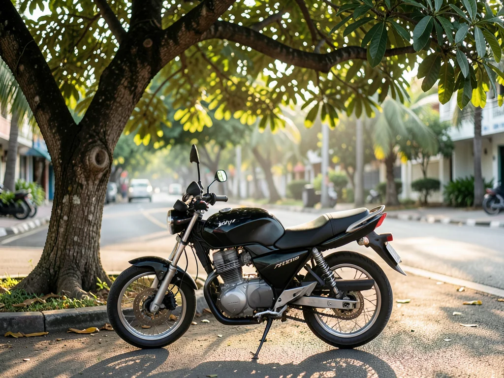 Motorcycle and car in tropical setting