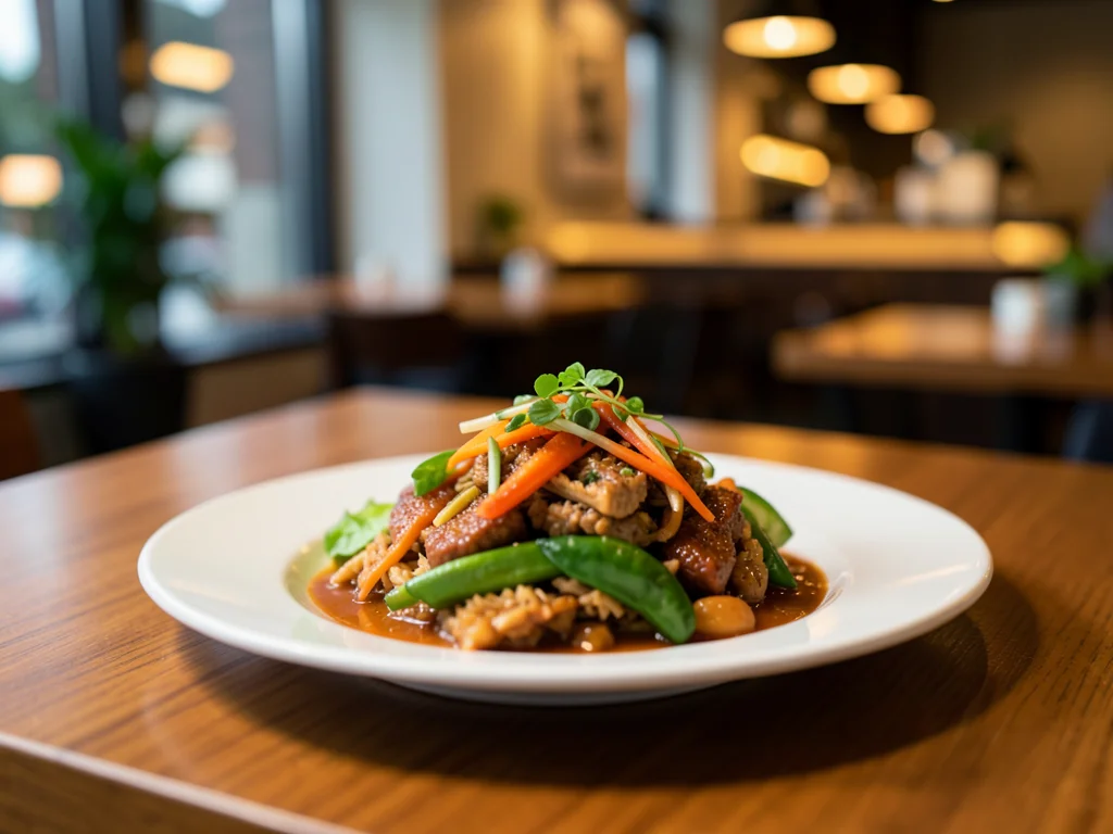 Beautifully plated Thai dish in modern restaurant