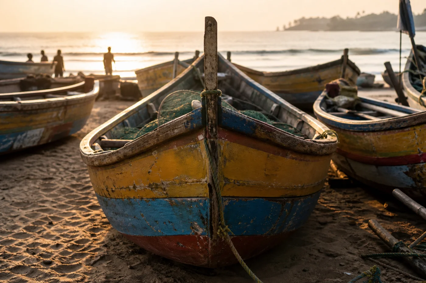 Colorful fishing boats on sandy beach in Hua Hin coastal village afternoon light