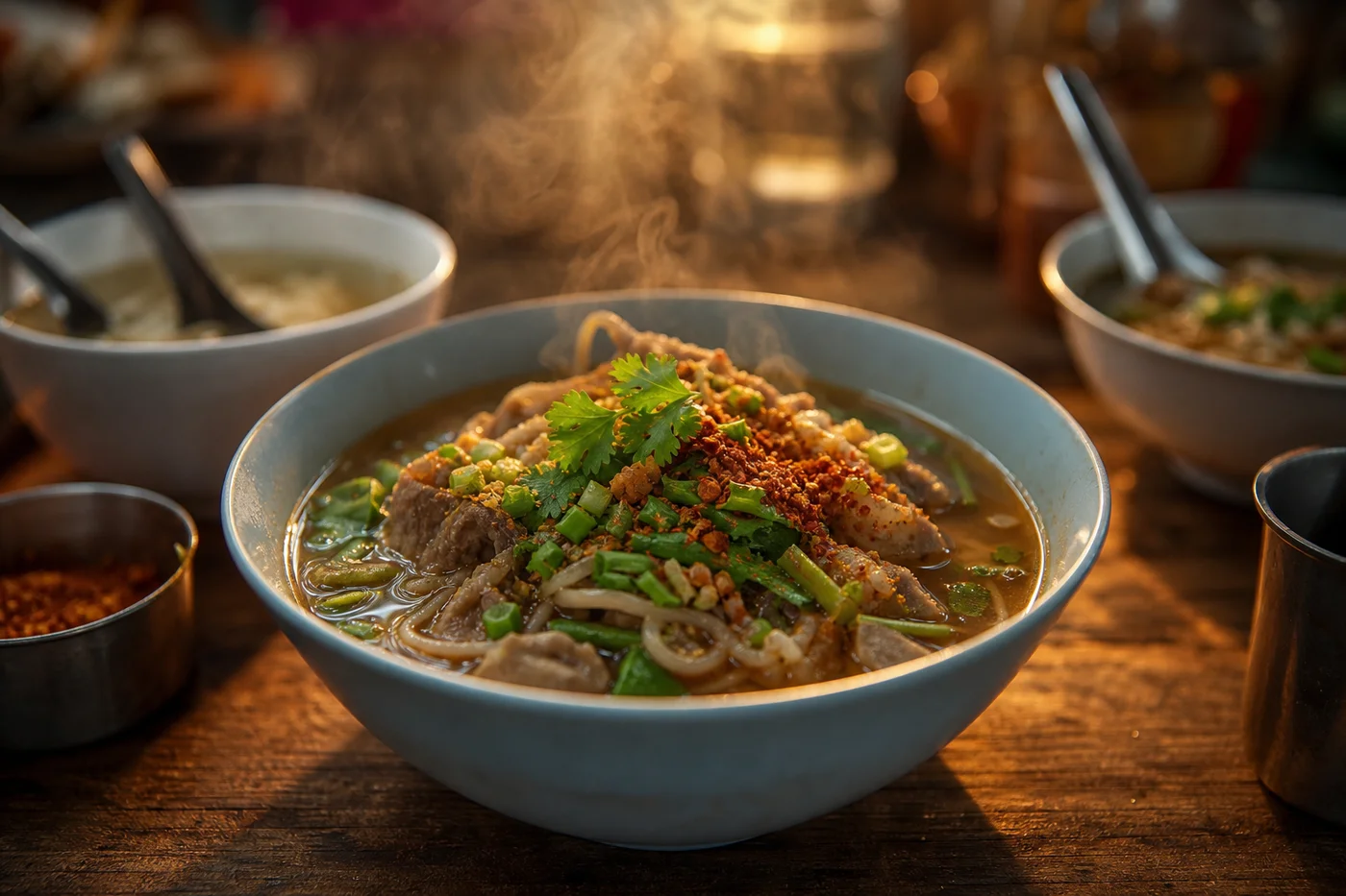 Steaming bowls of Thai street food noodles with herbs and chilies on wooden table in Hua Hin
