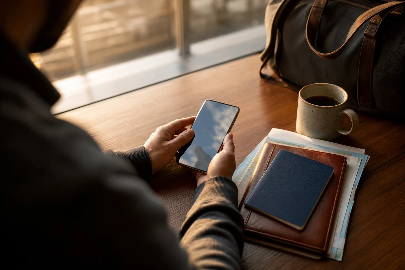 Travel documents smartphone and coffee on table for Thailand visa preparation 2026