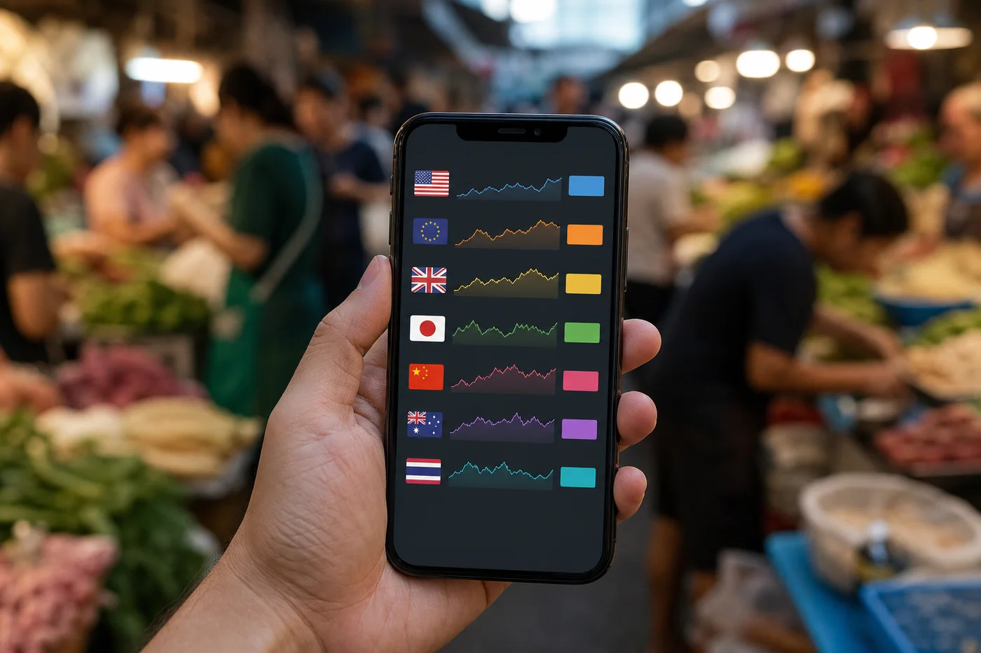 Smartphone showing currency exchange rates app with Thai market background for strong baht impact