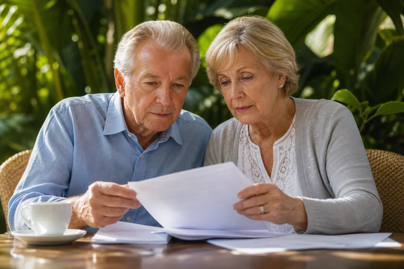 Retirement couple reviewing financial documents at cafe table for strong baht budget planning
