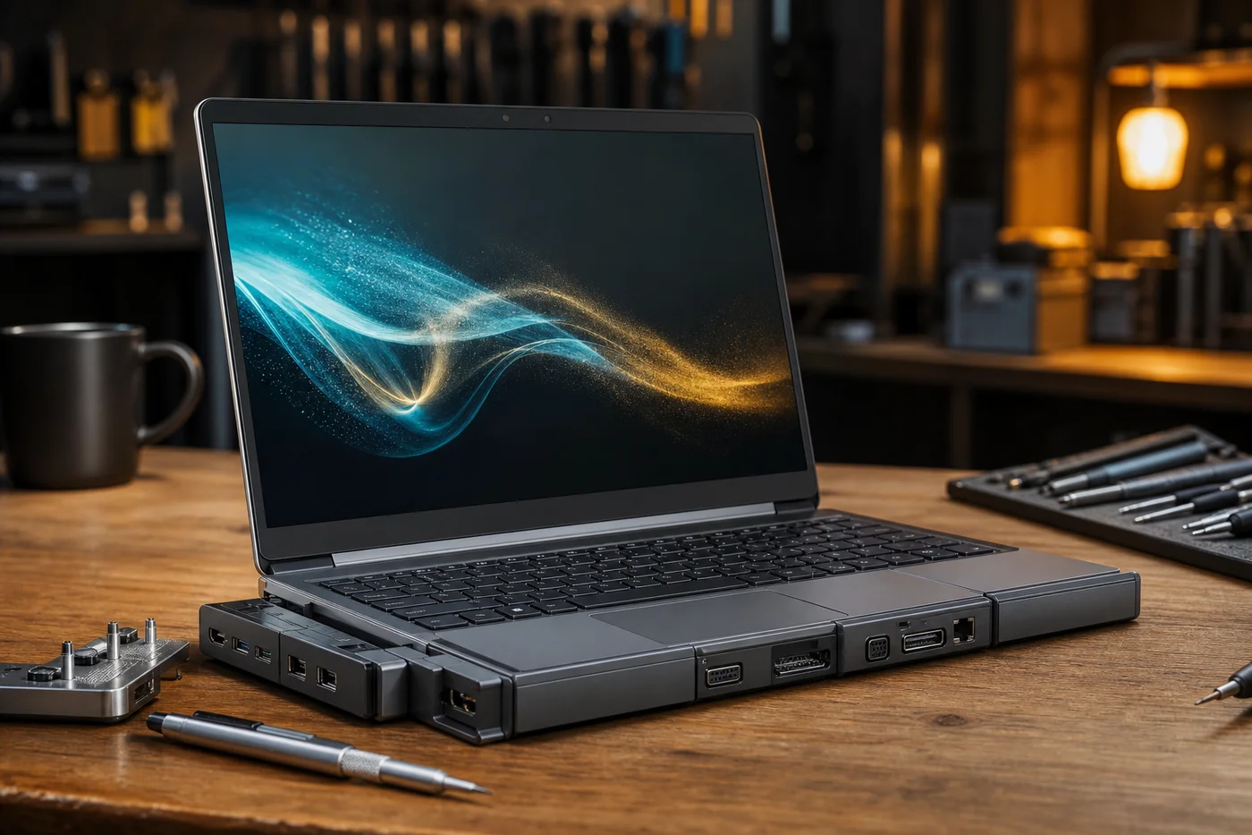 Framework Laptop 16 modular design open on tech workspace for developer digital nomad