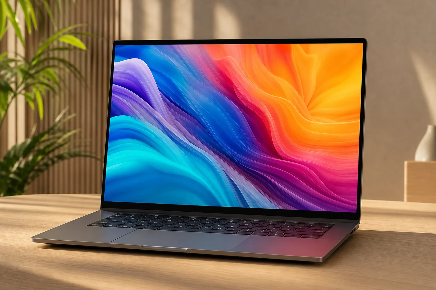 ASUS ZenBook 14 OLED laptop with colorful display on minimalist desk for budget digital nomad