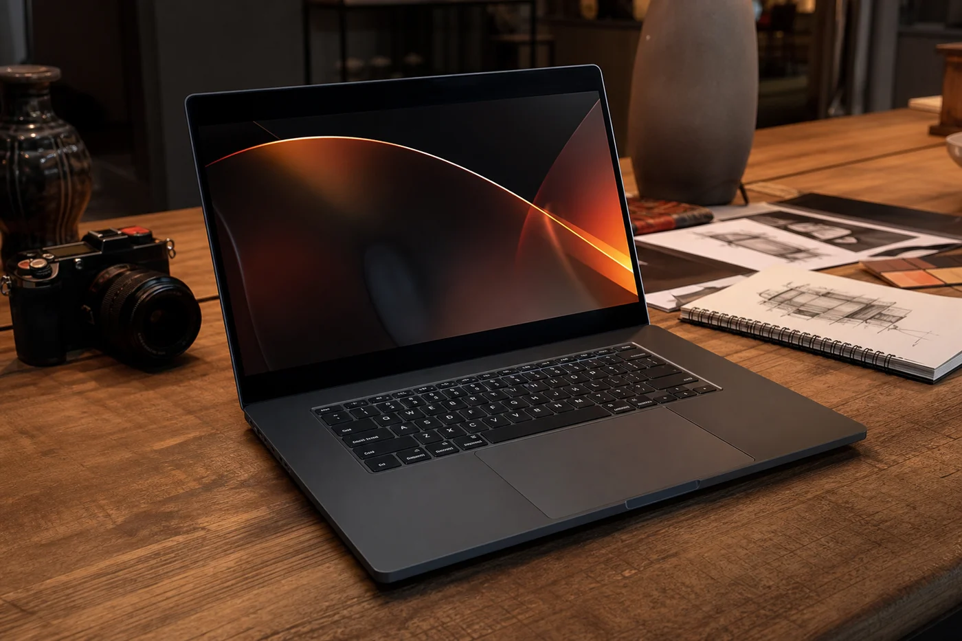MacBook Pro 14-inch M4 laptop on creative workspace for video editing digital nomad