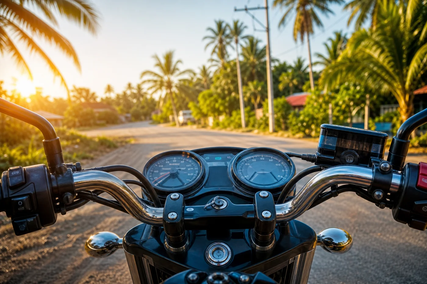 Close-up of motorbike handlebars on a quiet Thai road with palm trees and golden afternoon light, showing the perspective of riding in Thailand