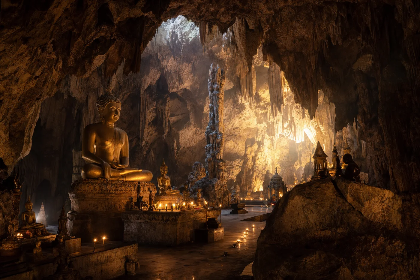 Interior of Khao Luang Cave in Petchaburi with stalactites and Buddha statues illuminated by natural sunlight
