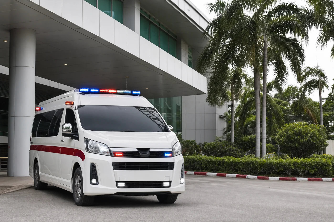 Thai ambulance parked outside a modern hospital in Hua Hin with emergency lights and tropical setting