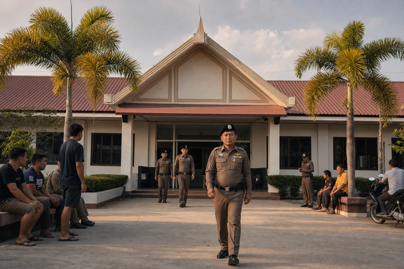 Thai police station exterior with officers in tropical Hua Hin setting