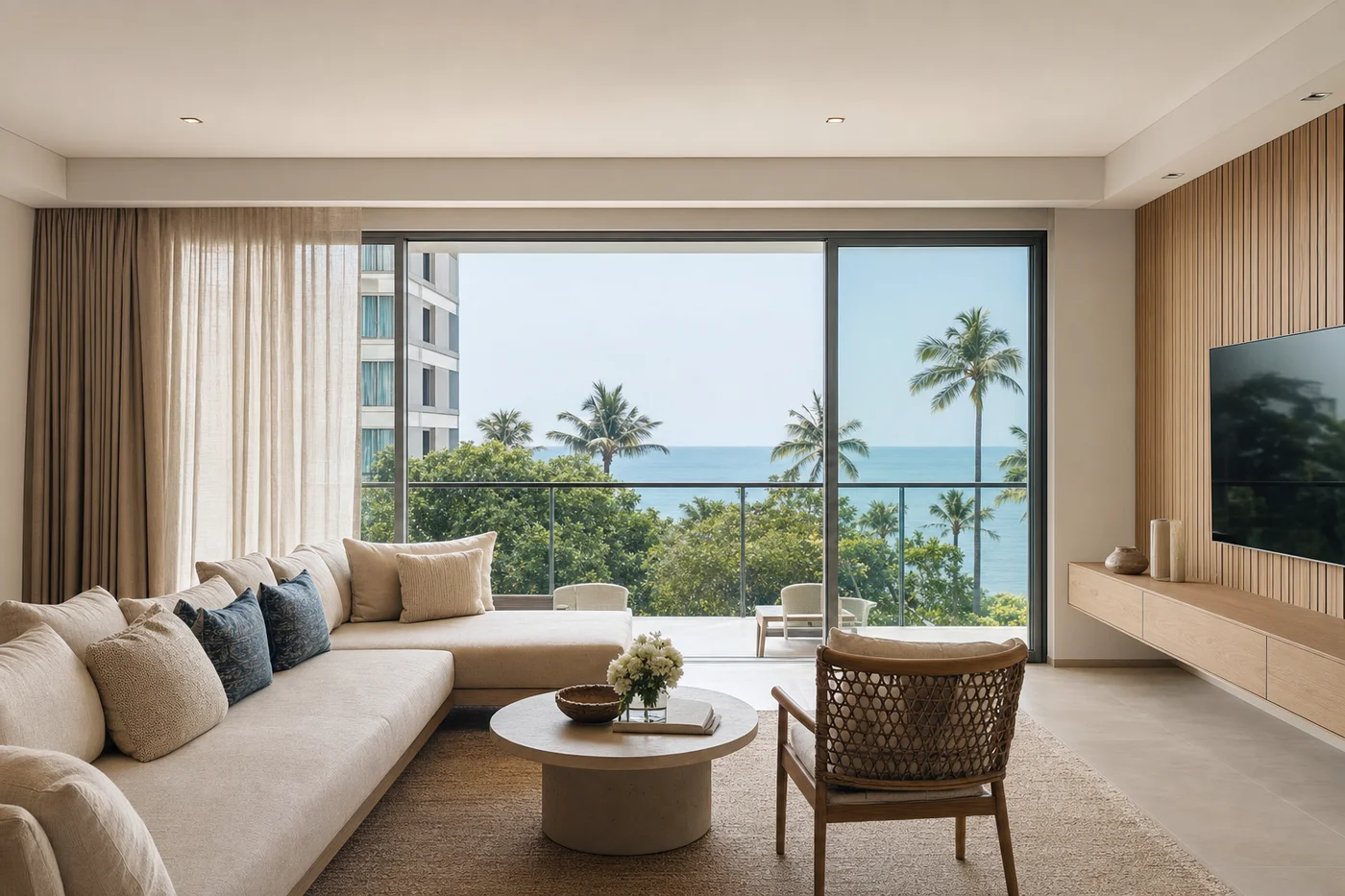 Modern condo interior in Hua Hin with tropical view and minimalist design