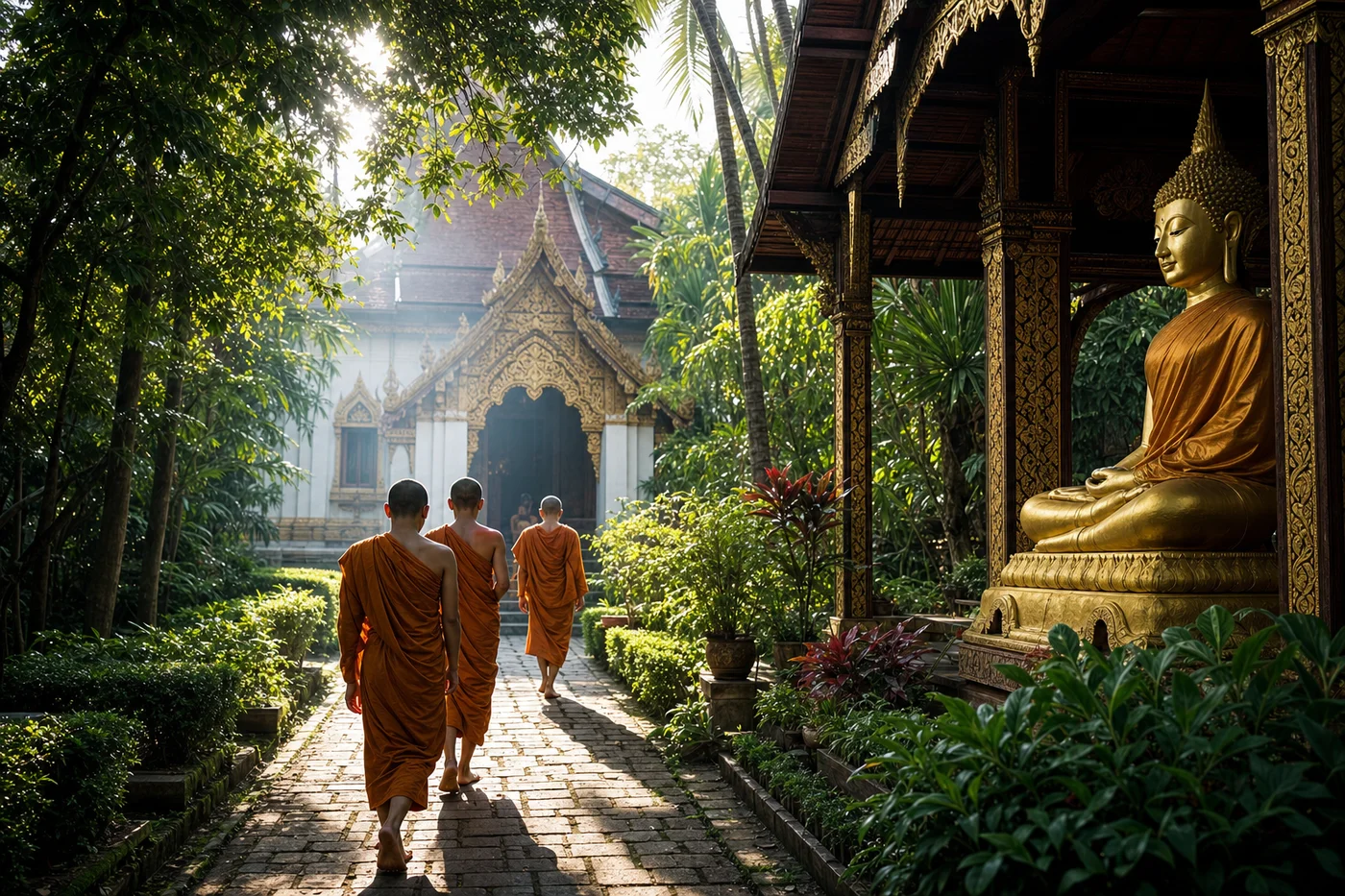 Thai Buddhist temple with monks in morning light and golden Buddha statue