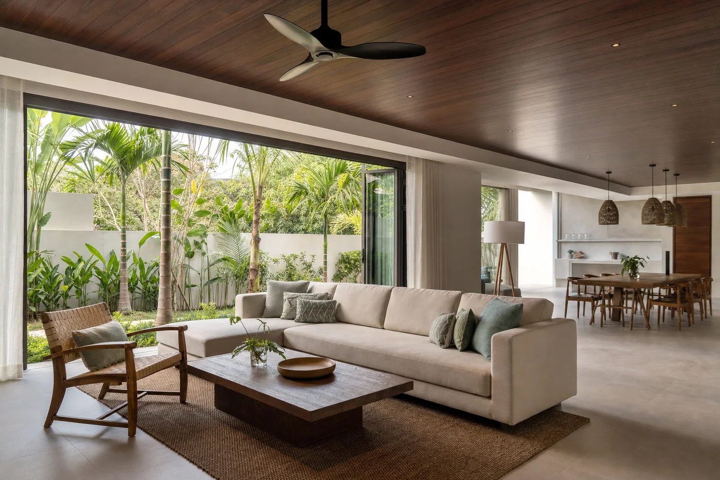 Modern Thai property interior with tropical garden view and minimalist design