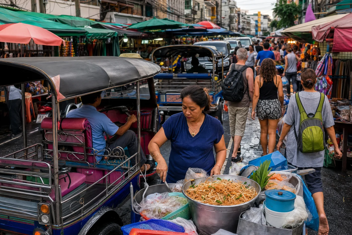 Busy Thai street market with tuk tuks and vendors in vibrant daytime setting