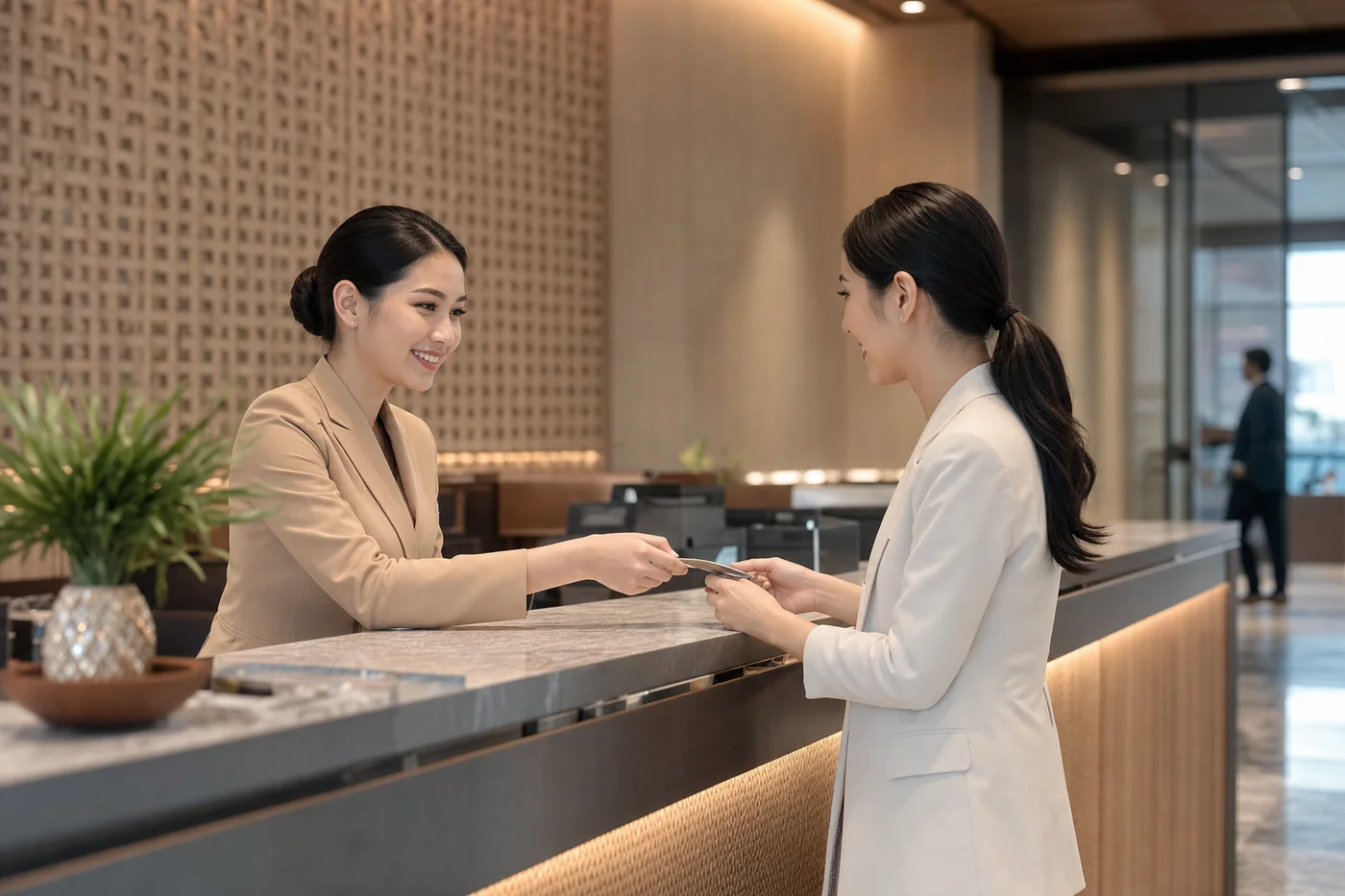 Modern Thai bank interior with customer service counter and professional environment