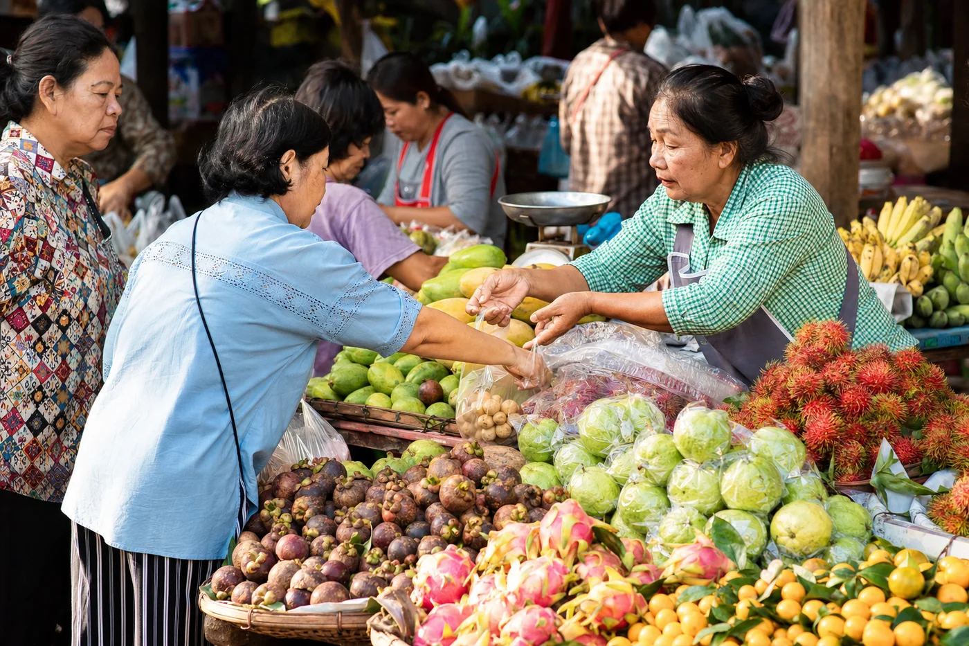 Colorful Thai street market with tropical fruits and local vendors