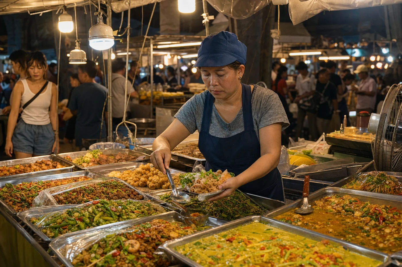 Thai street food vendor at a night market with colorful dishes and warm lighting