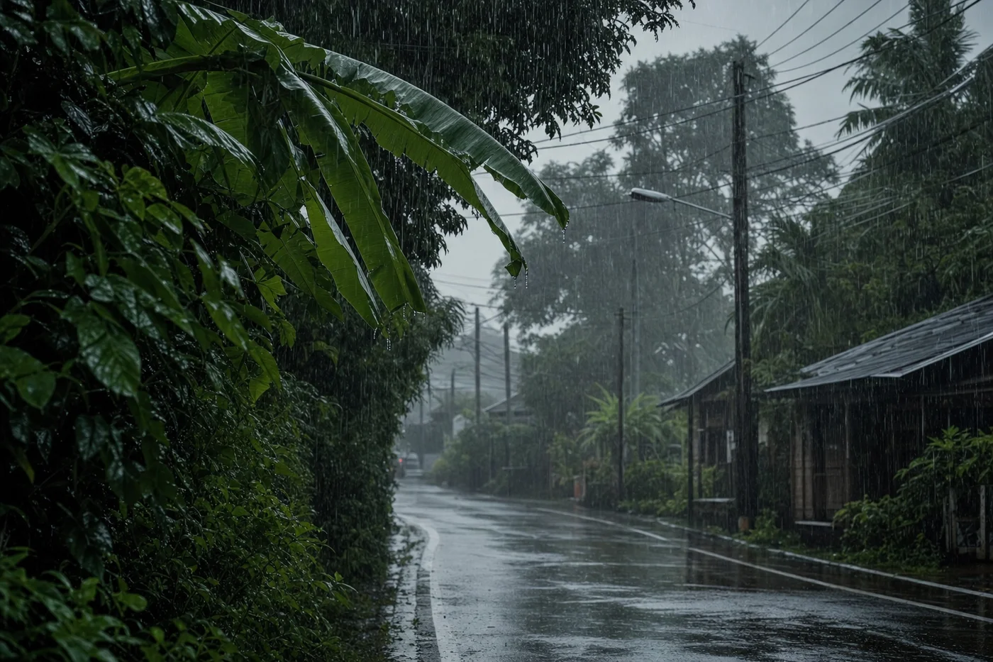 Heavy tropical monsoon rain in Hua Hin with wet streets and dramatic atmosphere