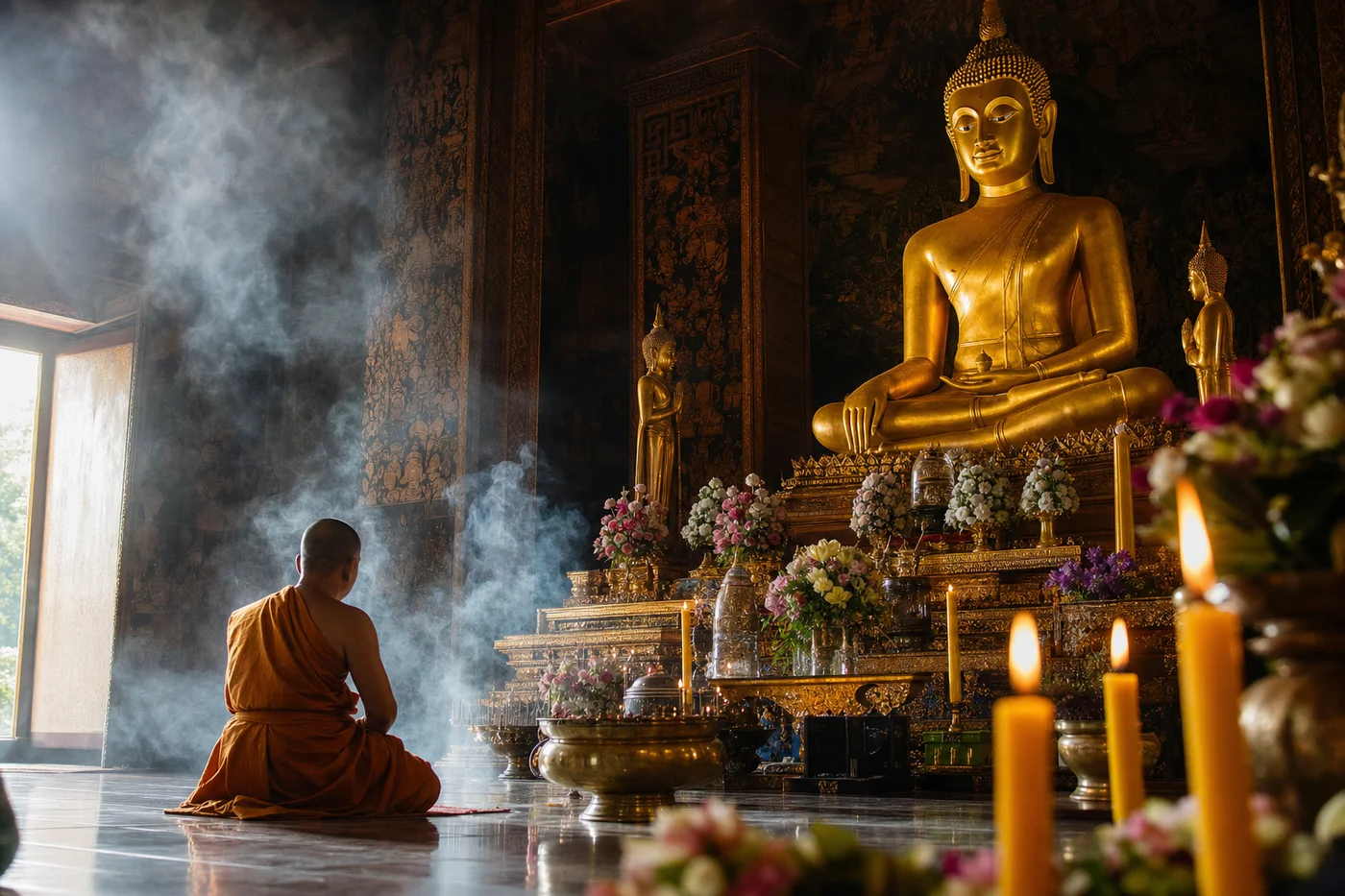 Beautiful Thai Buddhist temple interior with golden Buddha statue and...