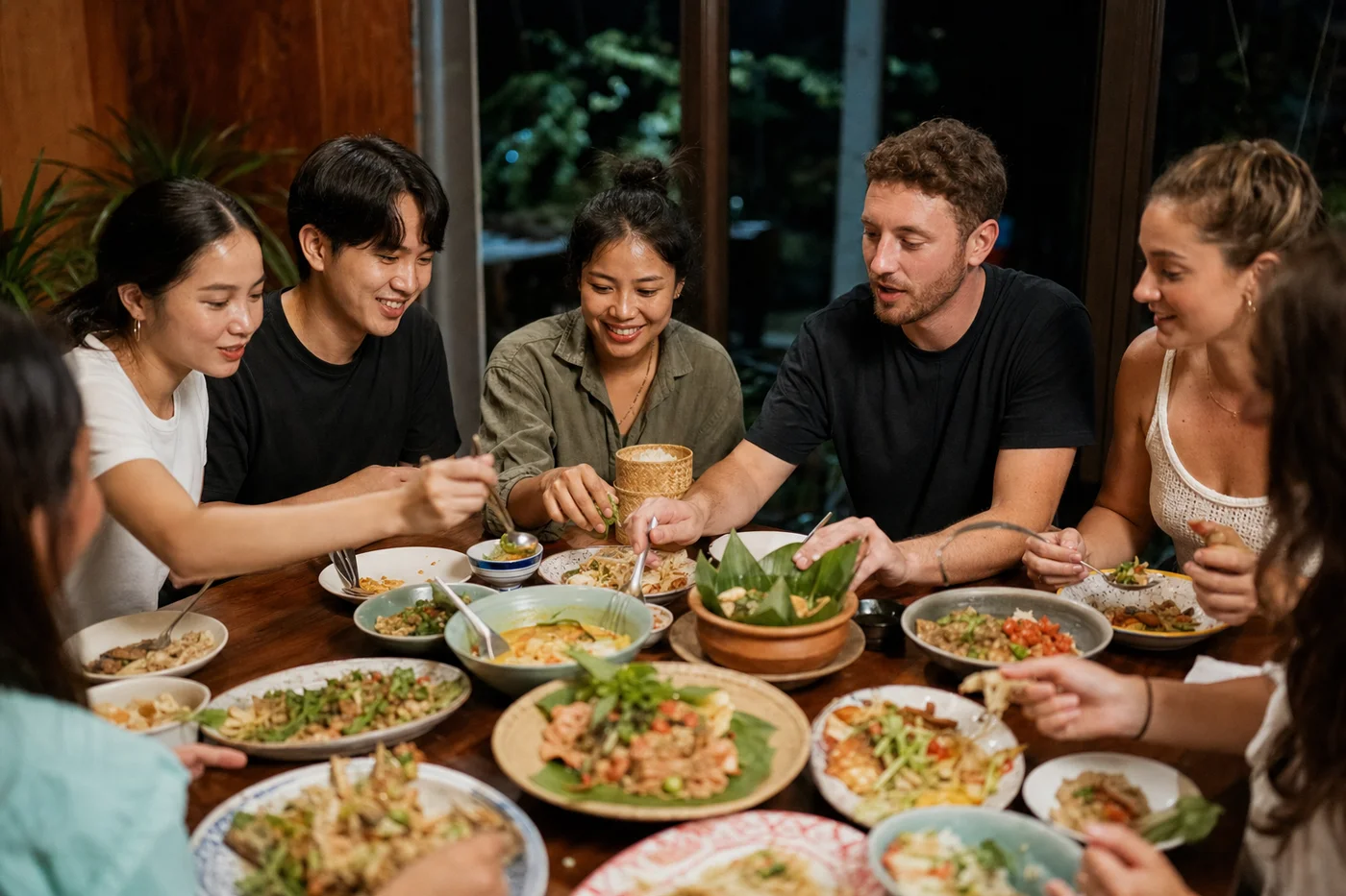 Group of people sharing Thai food at a communal table in warm...