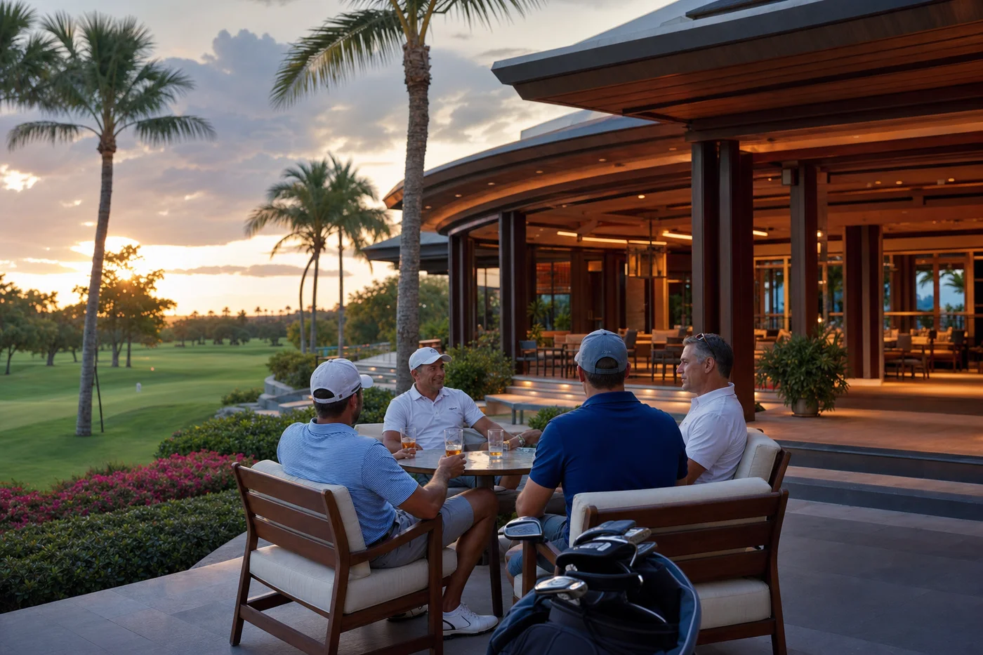 Modern golf clubhouse restaurant in Hua Hin with tropical garden views and outdoor seating