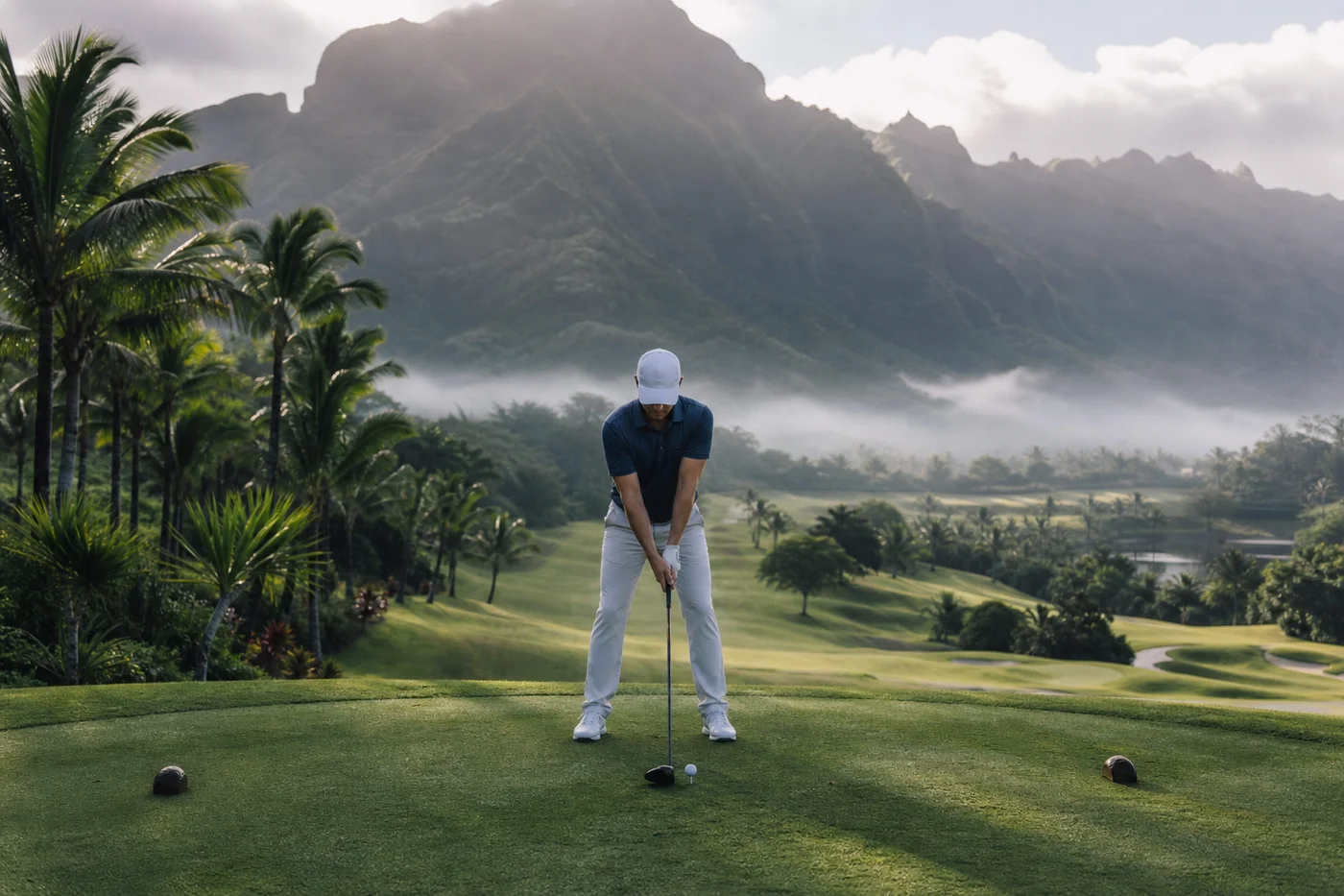 Golfer teeing off on scenic tropical golf course with mountain backdrop in Hua Hin