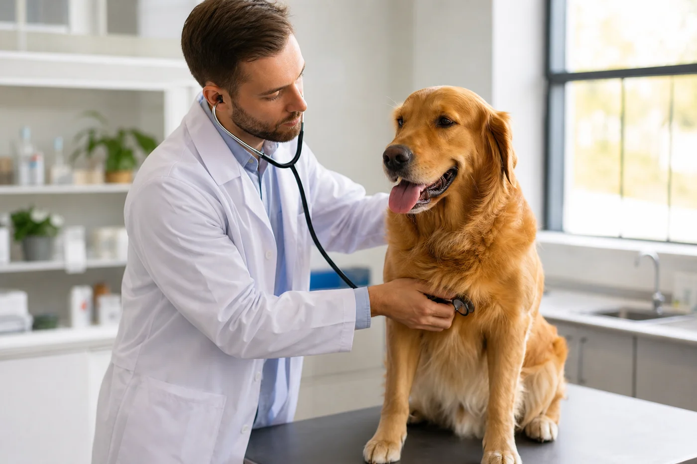 Veterinarian examining a dog with stethoscope during pre-travel health check for Thailand import