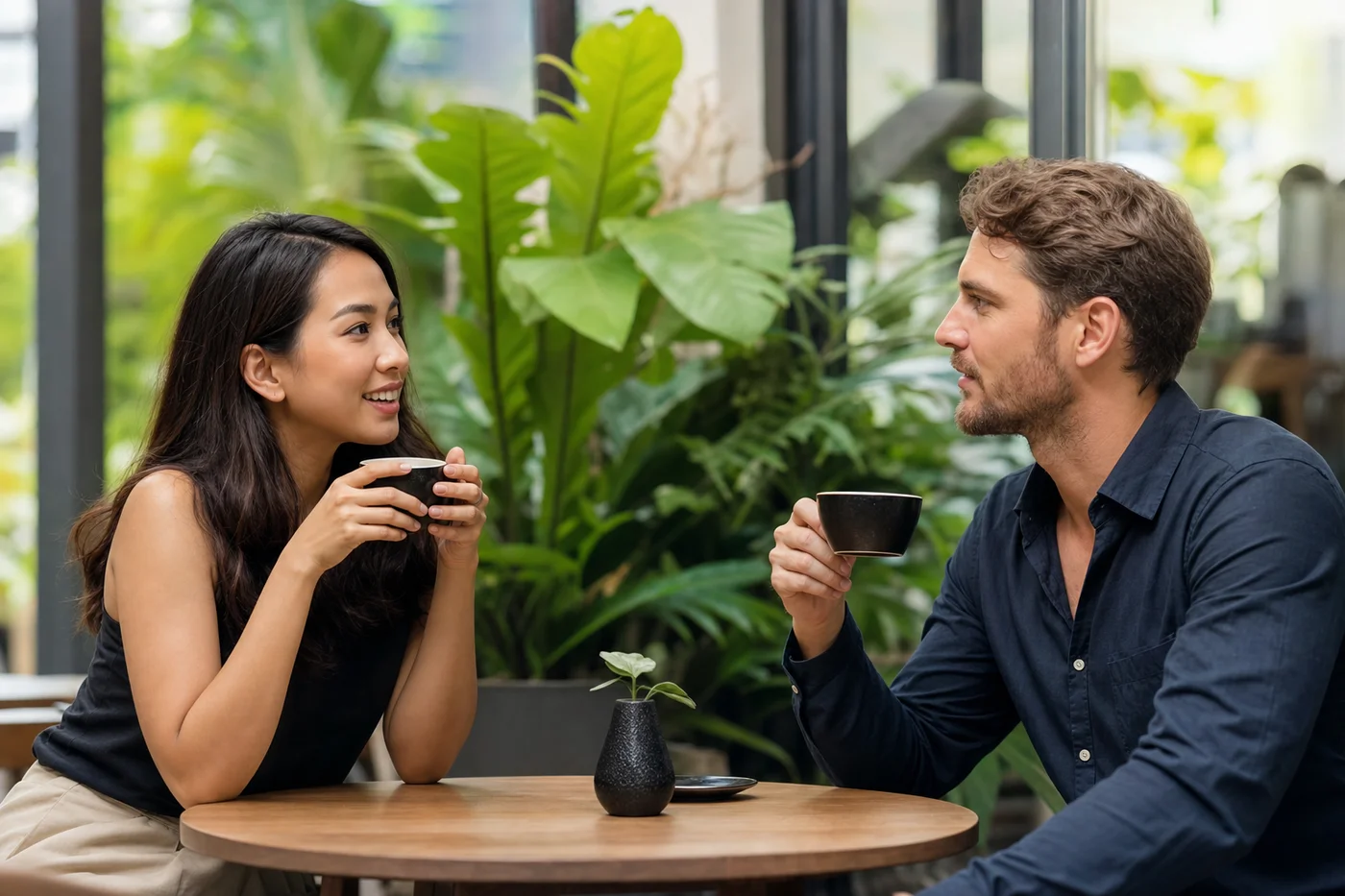 Thai woman and European man having coffee at a modern Bangkok...