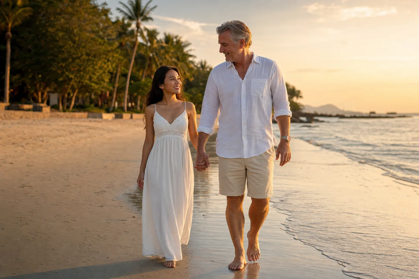 Young Thai woman and older American man walking barefoot on a quiet beach in Hua Hin at...