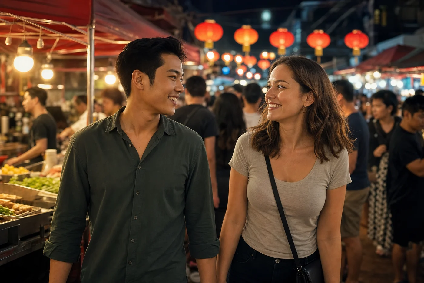 Thai man and Western blonde woman walking through a vibrant Thai night market holding...